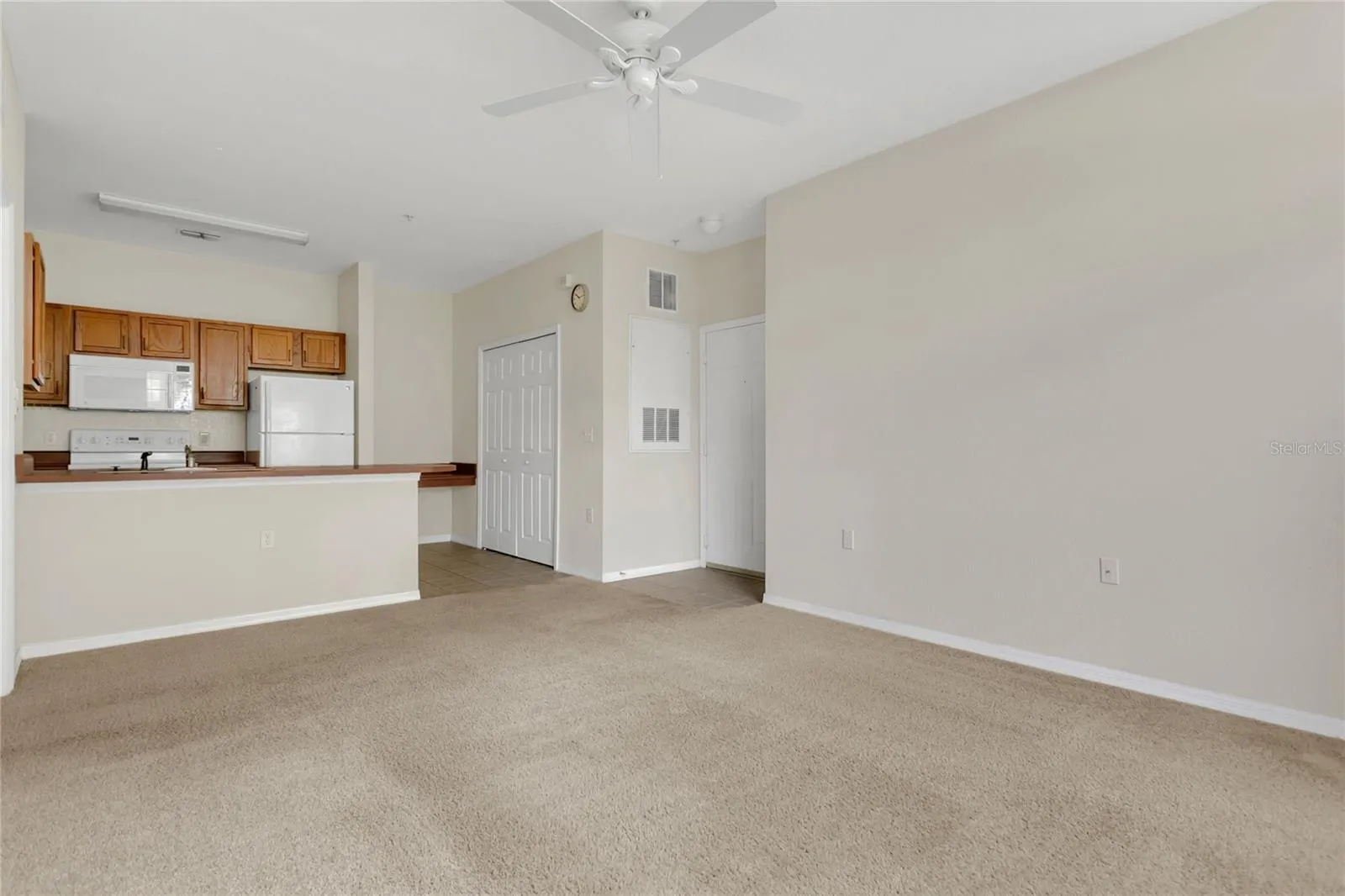 Kitchen and front door from living room