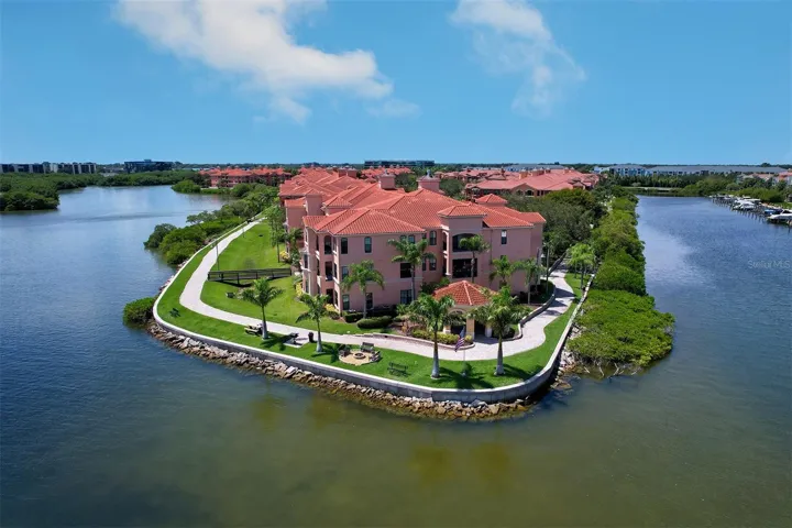 aerial view of Building 12 and gazebo surrounded by water