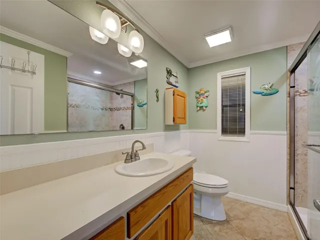 GUEST BATHROOM HAS BEEN UPDATED INCLUDING NEW TILED SHOWER.