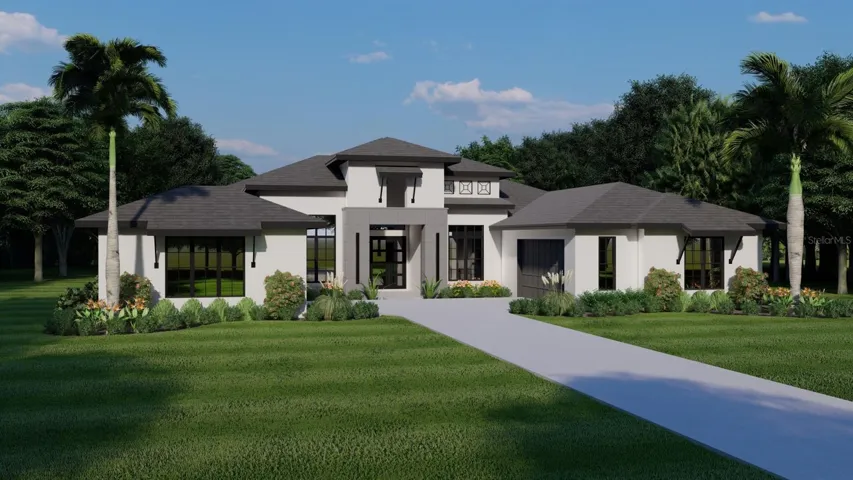 Note, this elevation rendering shows a 6:12 roof pitch, but an 8:12 roof pitch is required in Via Paradisus.