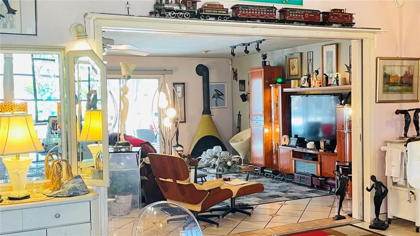 View to living area with fireplace