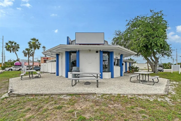 Front of building with outside seating