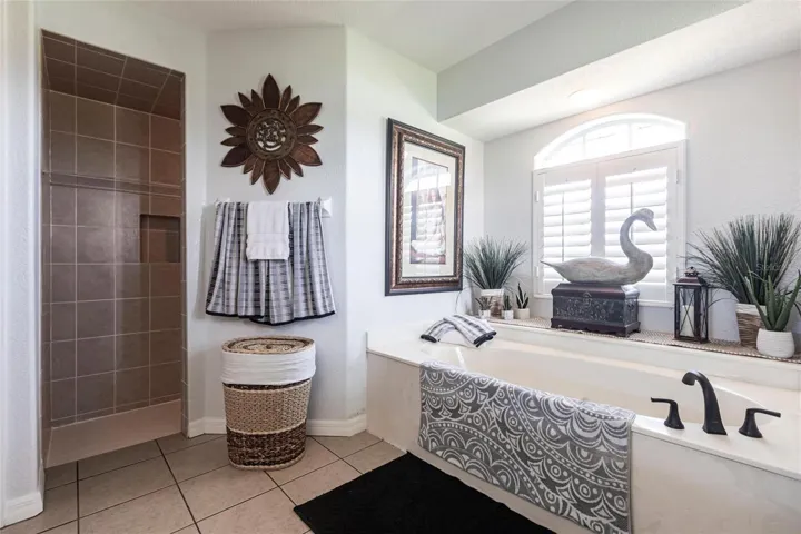 Spa-inspired primary bathroom featuring a soaking tub, separate tiled walk-in shower, abundant natural light, and serene finishes.