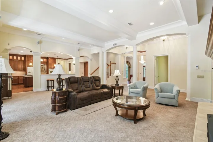 mpressive grand room features a gas fireplace, custom built-ins, surround sound, and a one-of-a-kind original carousel house centerpiece that adds character and charm.