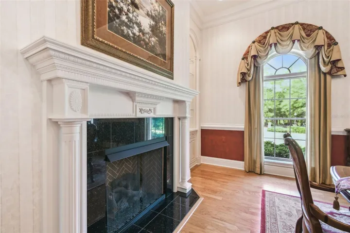 Dining room gas fireplace.