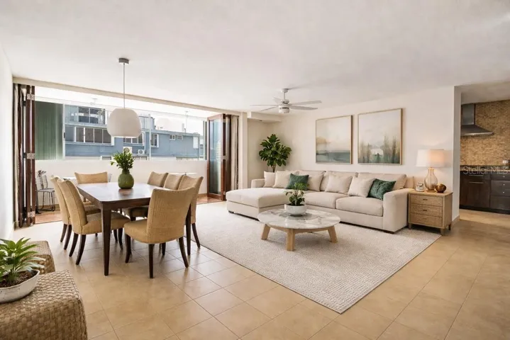 Living & Dining Area: Open-concept living and dining area with abundant natural light and an extended indoor-outdoor feel. AI-generated/AI-enhanced image for illustrative purposes.