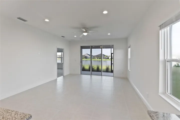 Living room with view of pond