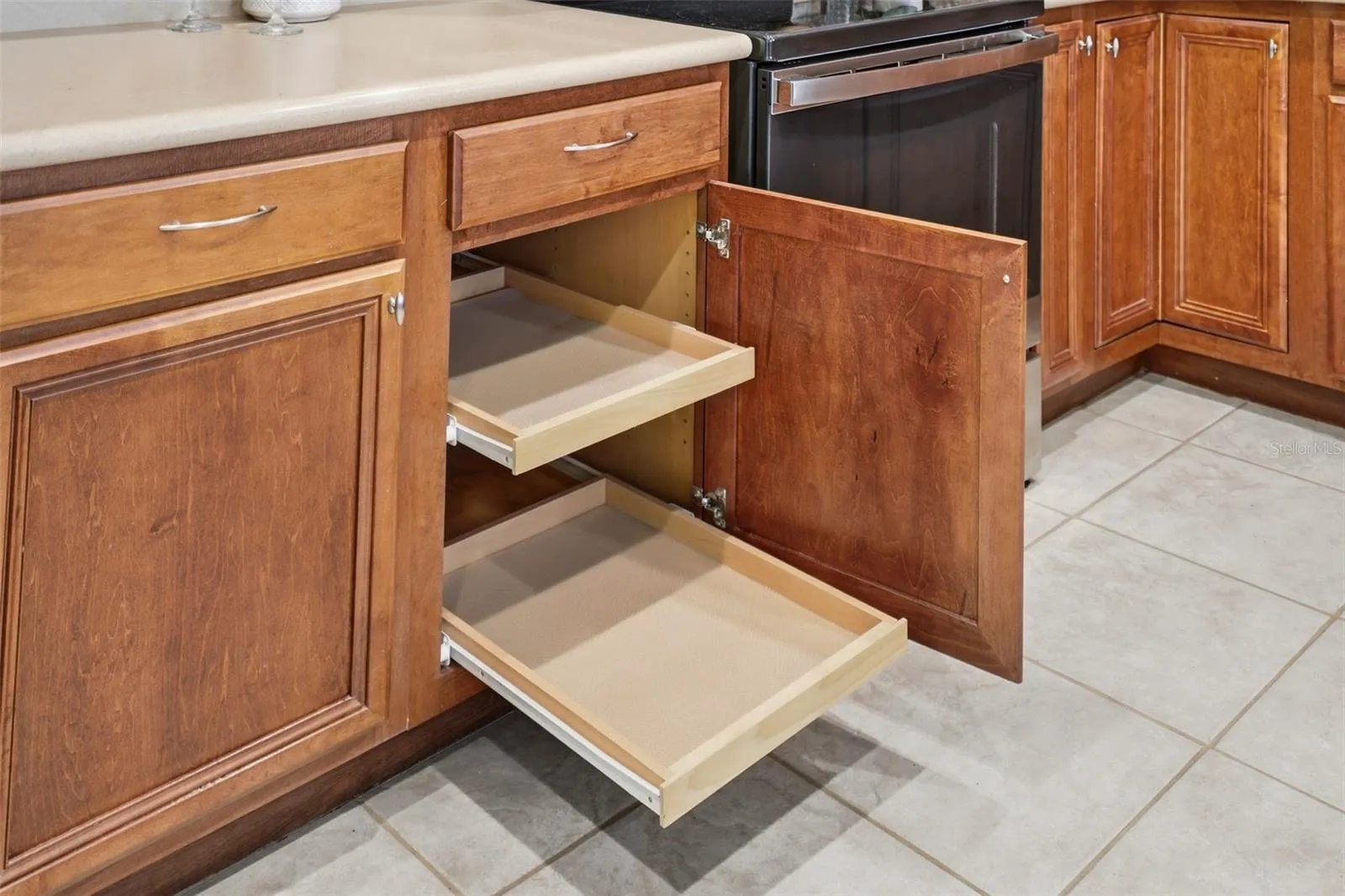 Pull-out shelves in multiple cabinets. Lazy Susan.