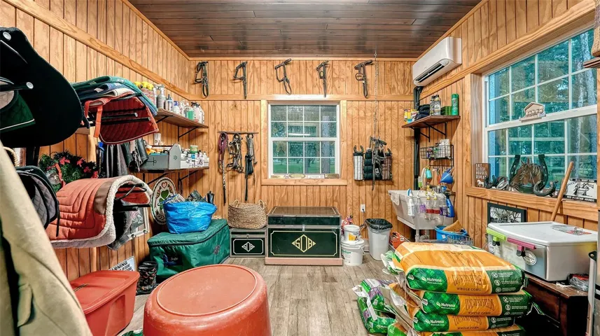 Additional Features• Modern plumbing and electrical system• Air-conditioned tack room with mini-split AC and sink• Wash and grooming station with center aisle• Large hay and feed room• Scenic views of oaks and pond• Each stall with "in and out" fenced paddock