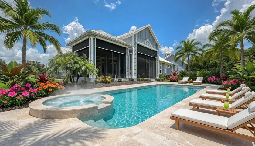There are several excellent locations for a large pool- TWO POOLS EVEN- should one want a pool behind the guest house as well as the main house.  This AI generated pool and spa is located on the south side of the home, right off the extensive lanai area.
