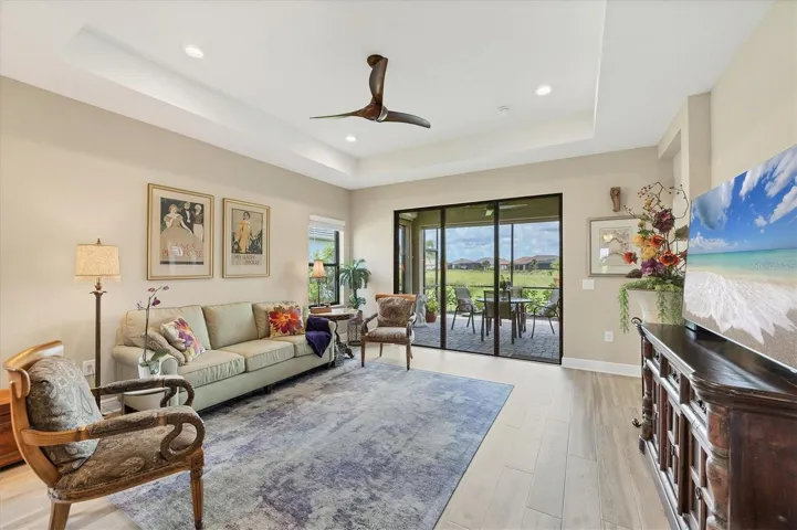 Sliding doors gracefully integrate the indoor and outdoor living areas.