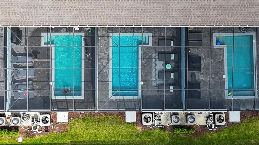 Aerial view of the private backyard pool and lanai.