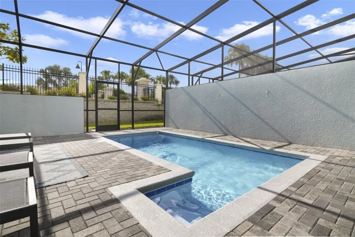 The pool includes built-in steps for easy entry and exit, adding both comfort and convenience.