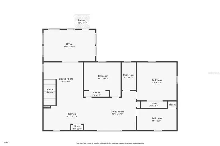Second-floor layout showing additional bedrooms, office, and second kitchen