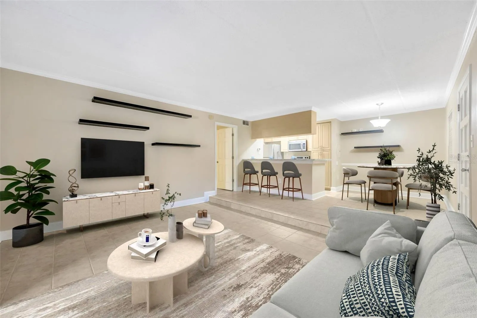 Living room/dining/bar Virtually Staged