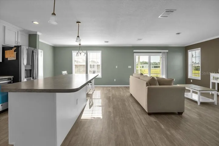 Kitchen, dining room, living room