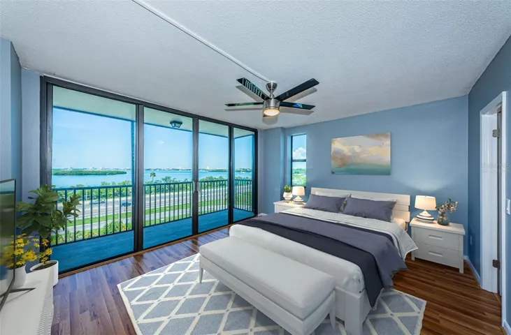 Virtually staged second bedroom with floor to ceiling sliders