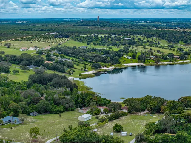 Aerial view with Bok Tower in the distance