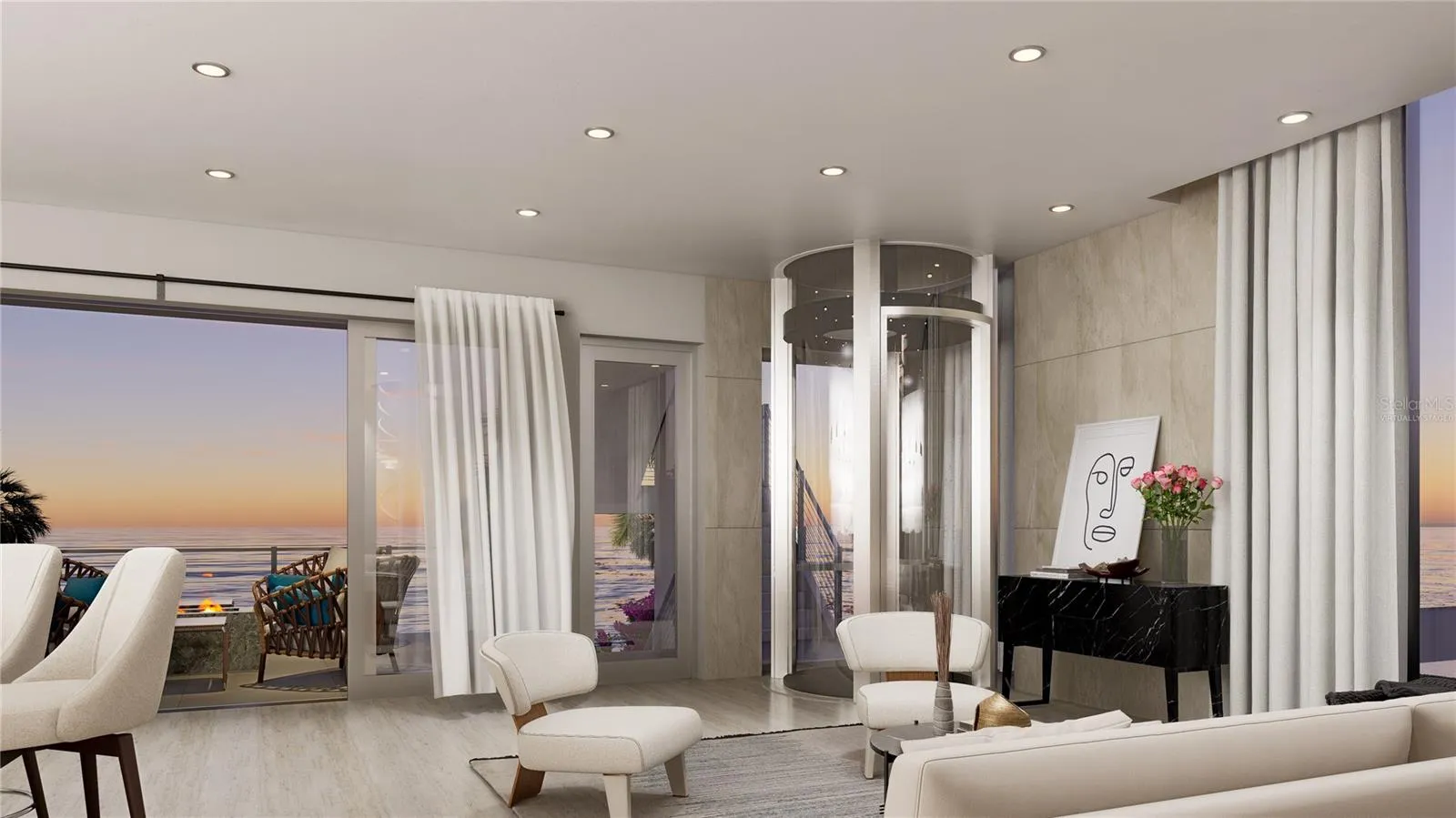Living Room Ocean view at dusk.- Virtually Staged