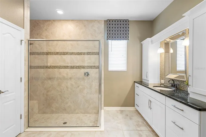 Walk-in shower and double vanities