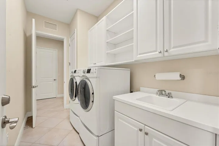 Laundry Room with Cabinets, Drop-in Sink & Front Load W/D