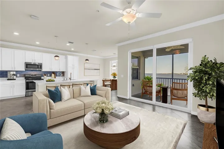 Virtual staged living and kitchen area
