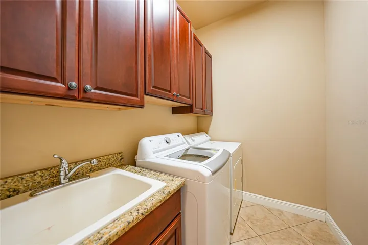 Laundry room  with lots of storage cabinets.