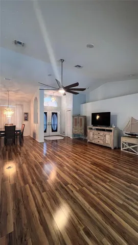 Great room front entrance, living and dining areas