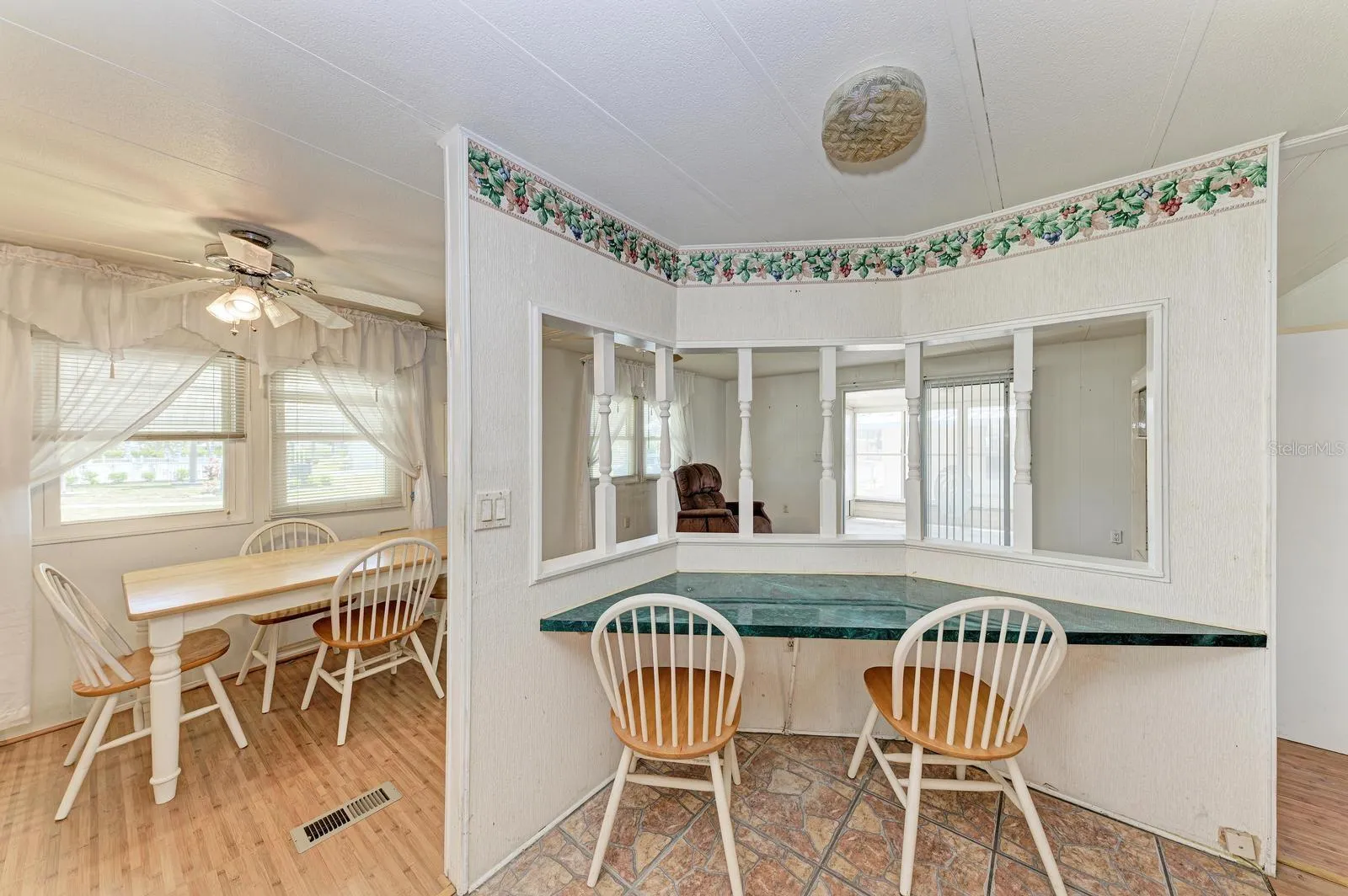 The handy writing area near the kitchen.
