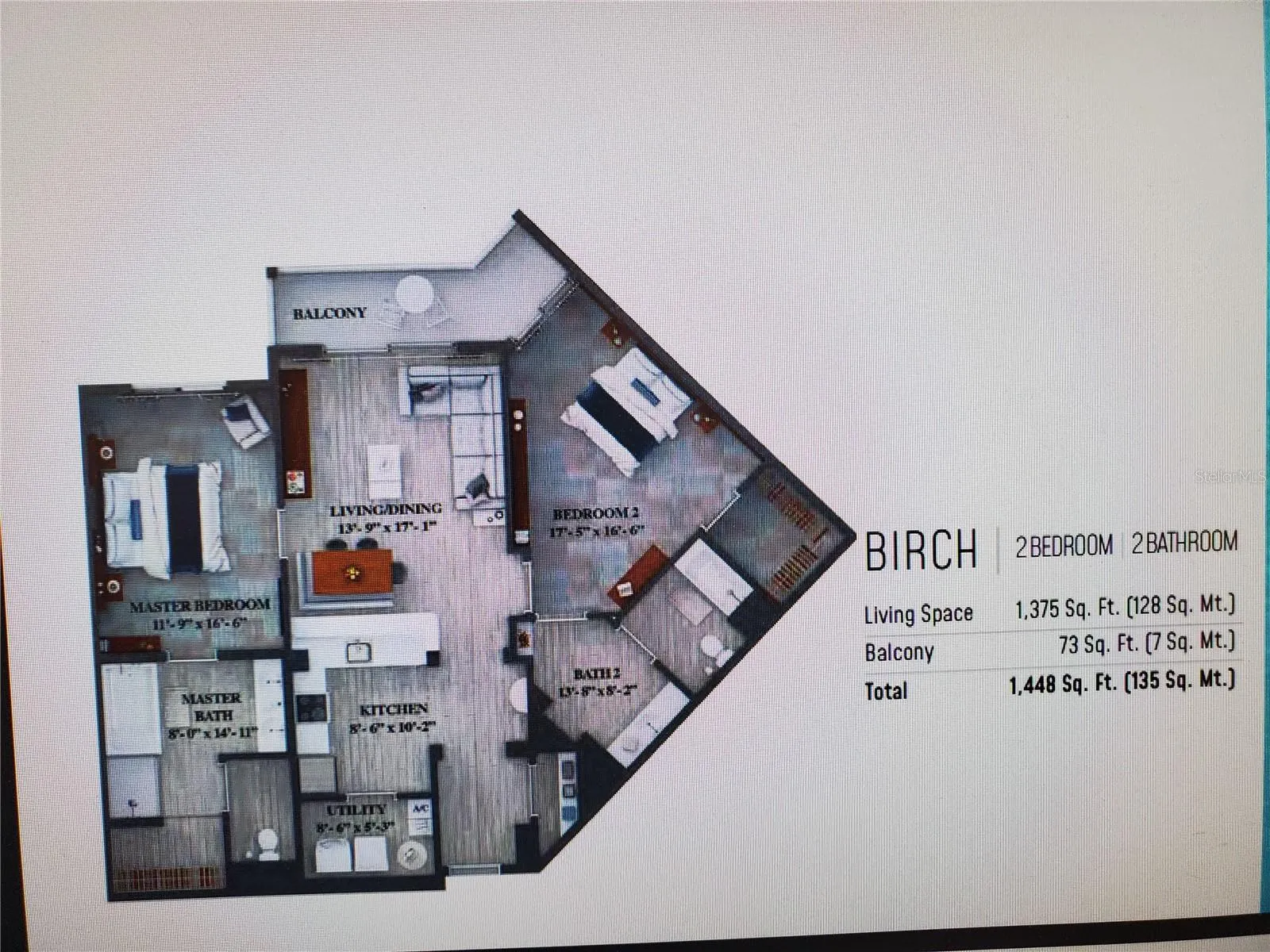 Birch floor plan: 2 bedrooms, 2 baths, extra long balcony