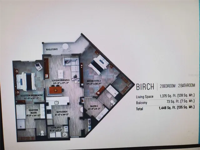 Birch floor plan: 2 bedrooms, 2 baths, extra long balcony