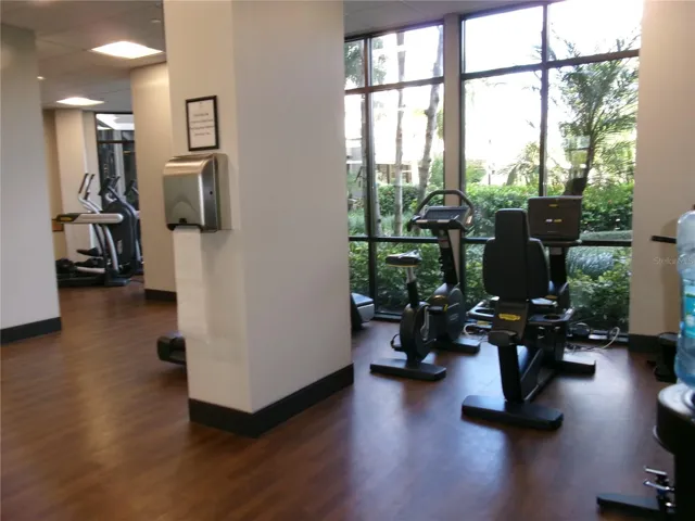Fitness room has views of the resort
