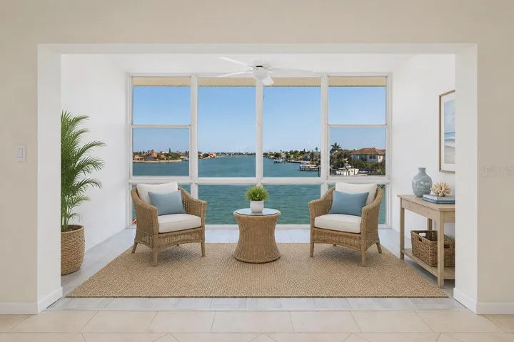 Virtually Staged Florida room. Bay views.
