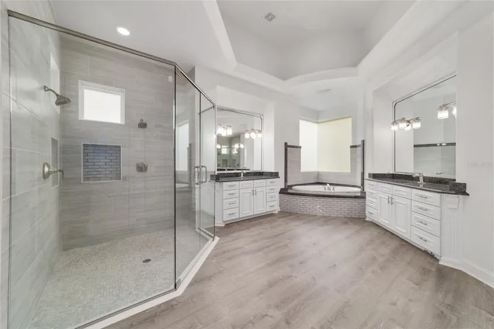 Main Level Primary Bedroom Ensuite with Gorgeous Shower and Jetted Tub