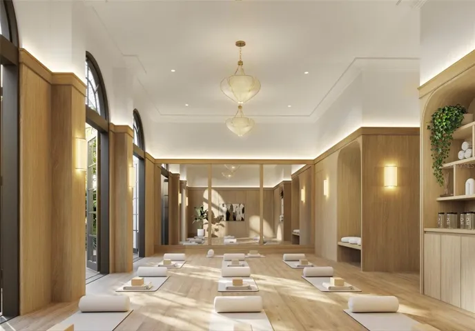 The Movement Studio at Mira Mar offers a beautifully designed wellness space for yoga, stretching, and fitness, creating a serene environment for residents to focus on health and well-being.