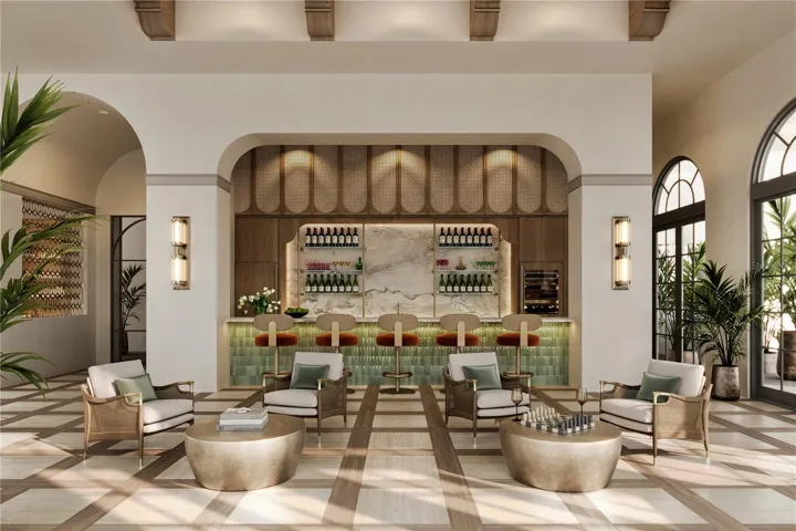 The Owner’s Lounge at Mira Mar features a beautifully designed gathering space with an elegant bar area offering residents a sophisticated setting to relax, socialize, and entertain.
