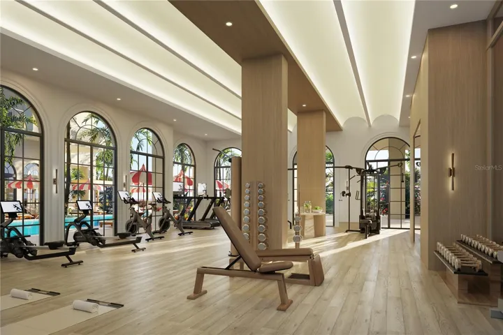 State-of-the-art fitness center with views overlooking the pool deck.