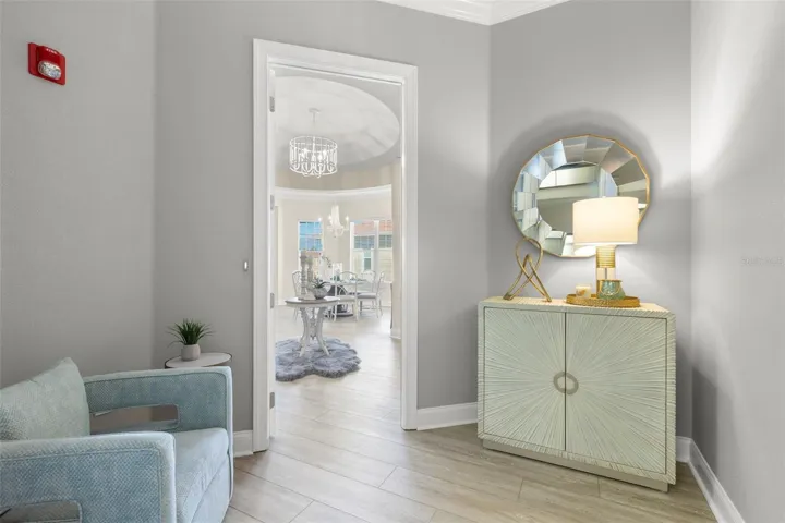 Stepping off elevator into private entry foyer.