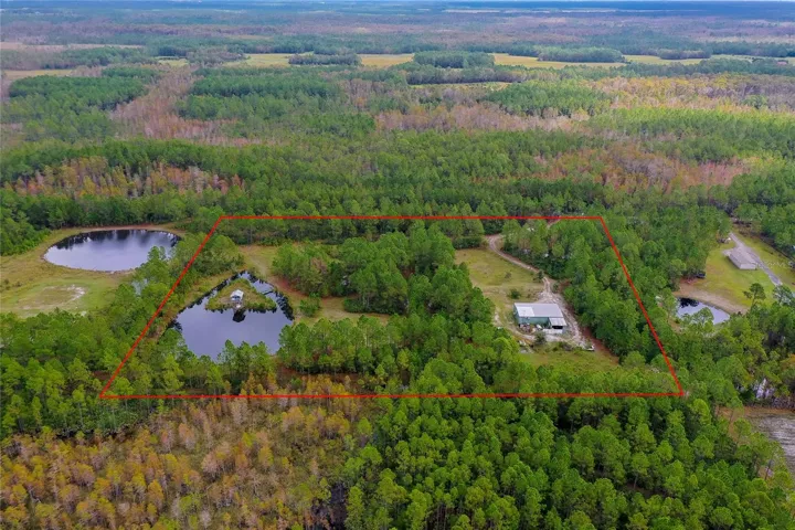 Highlighted boundary lines define the full parcel, showcasing the scope of usable land, pond, and private drive.