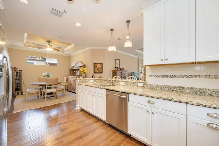 A view of the spacious dining from the kitchen.