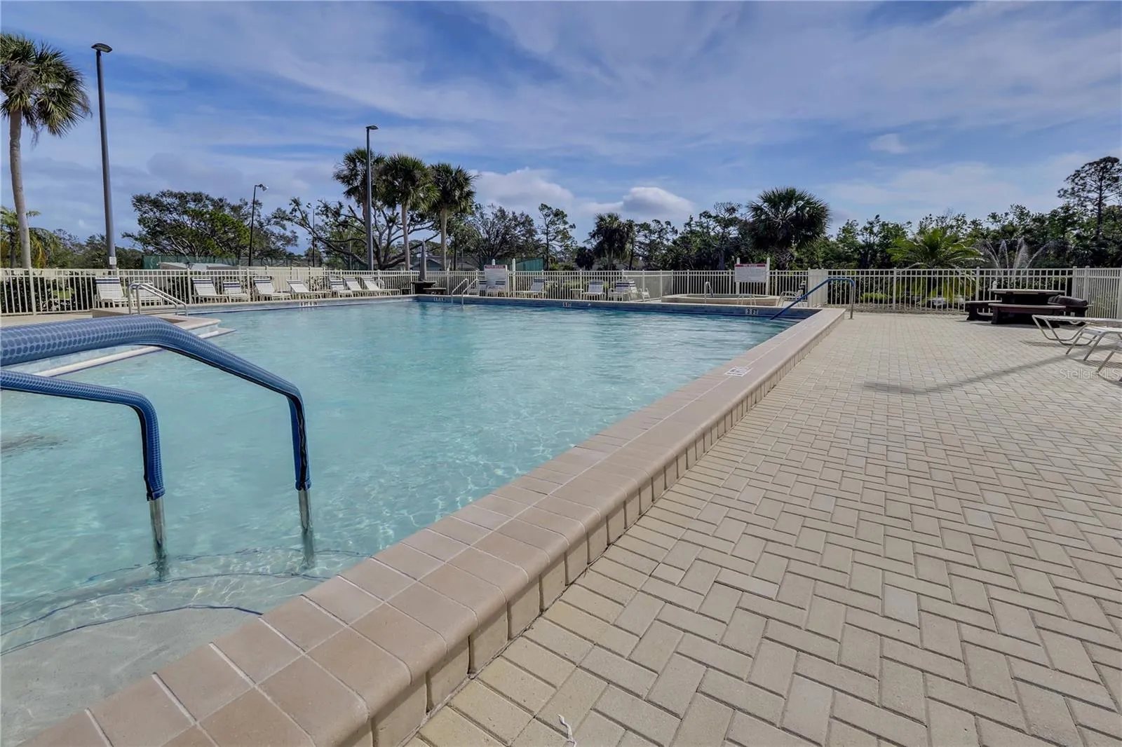Back of the pool has a pond view