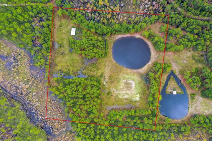 Expansive aerial perspective showcasing the full boundaries of this private, wooded tract, complete with scenic pons, open clearings, and mature forest throughout.