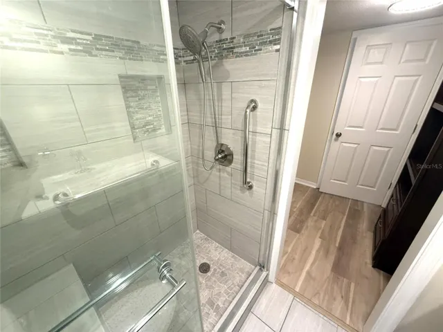 Glass doors and safety handles.