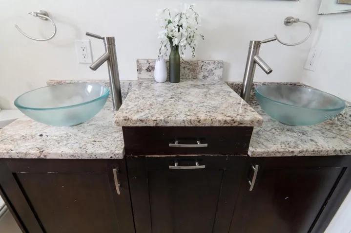 Hallway bathroom vanity with double sink