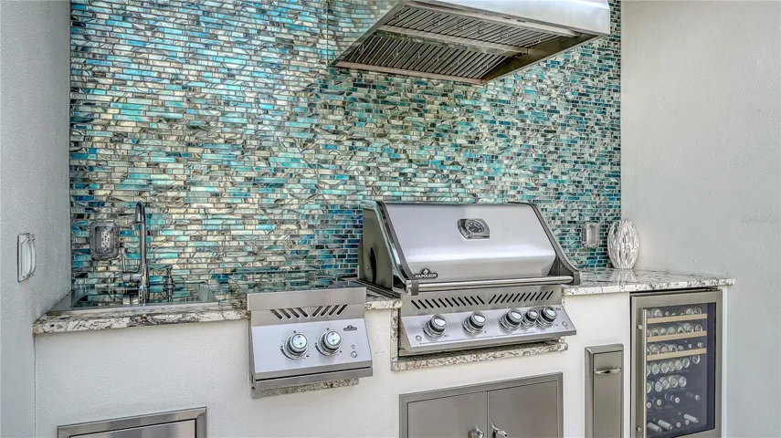 Outdoor kitchen with Napoleon natural gas grill, exhaust fan, side burner, sink, beverage fridge and spice rack.
