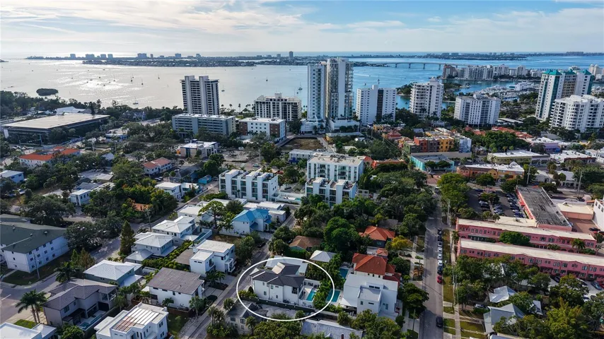 Aerial view of house with proximity to downtown Sarasota and Bayfront park and marina.