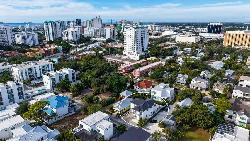 Aerial view showing proximity to downtown Sarasota within walking distance to shops and restaurants.