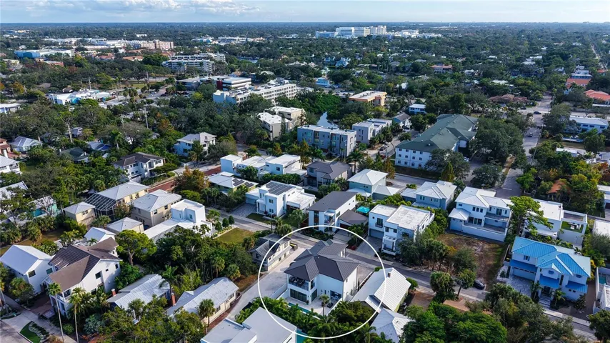 Aerial view of house showing its close proximity to downtown Sarasota.