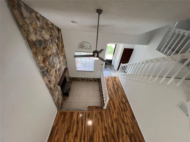 Looking down from Loft, vaulted ceiling.