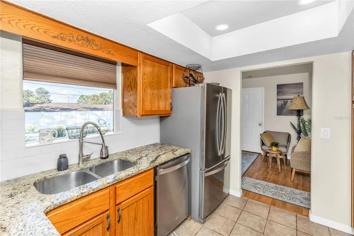 Kitchen with pool view